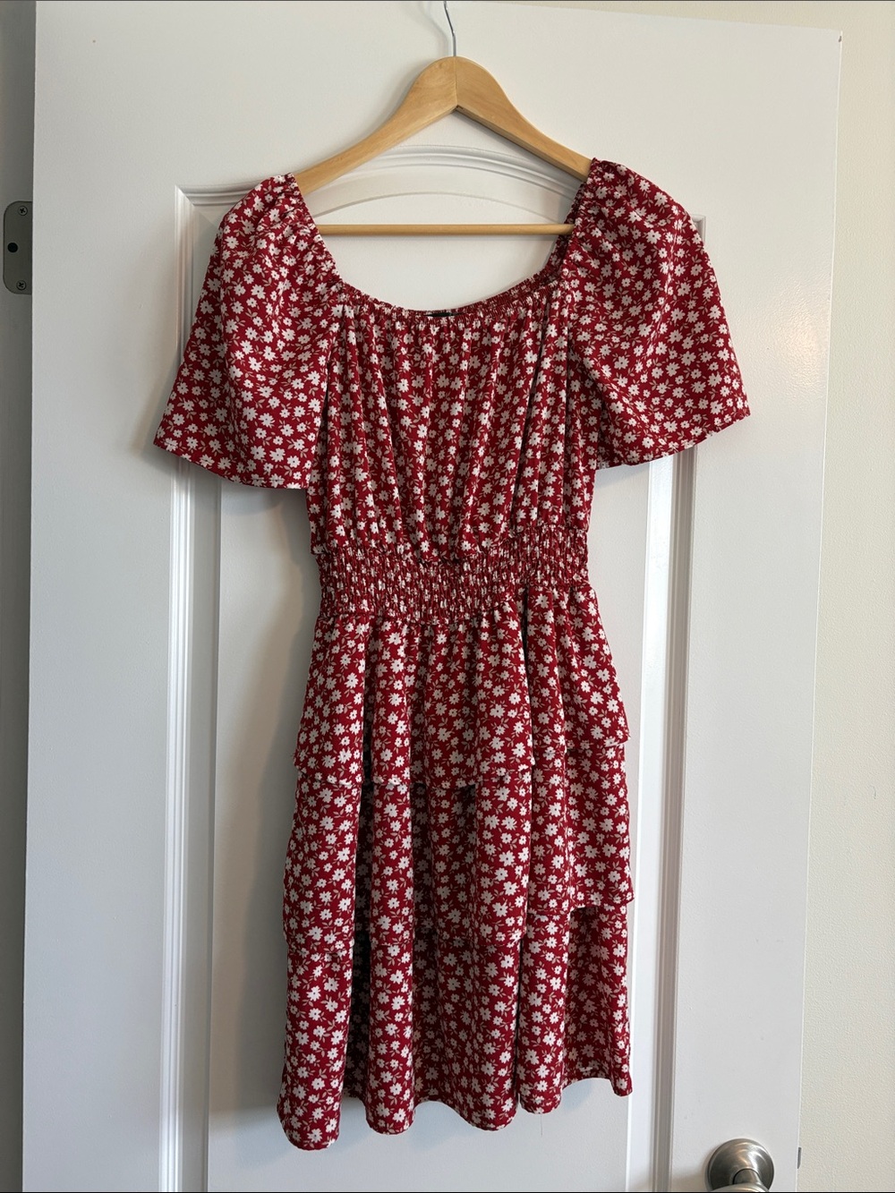 Cherry Red Floral Puff-Sleeve Smocked Mini Dress